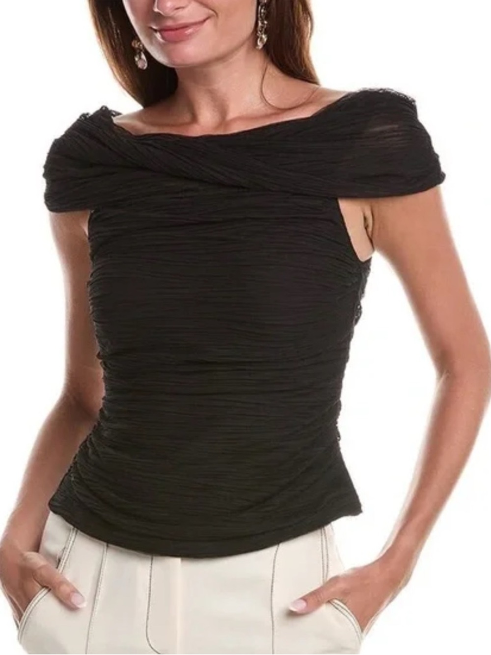 BCBG CREAM CRINKLE OFF SHOULDER TOP - Picture 8 of 8